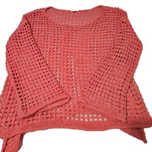 POL Open Weave Crochet Sweater Barbie  Pink Bell Sleeves Rolled Edge Hem Medium